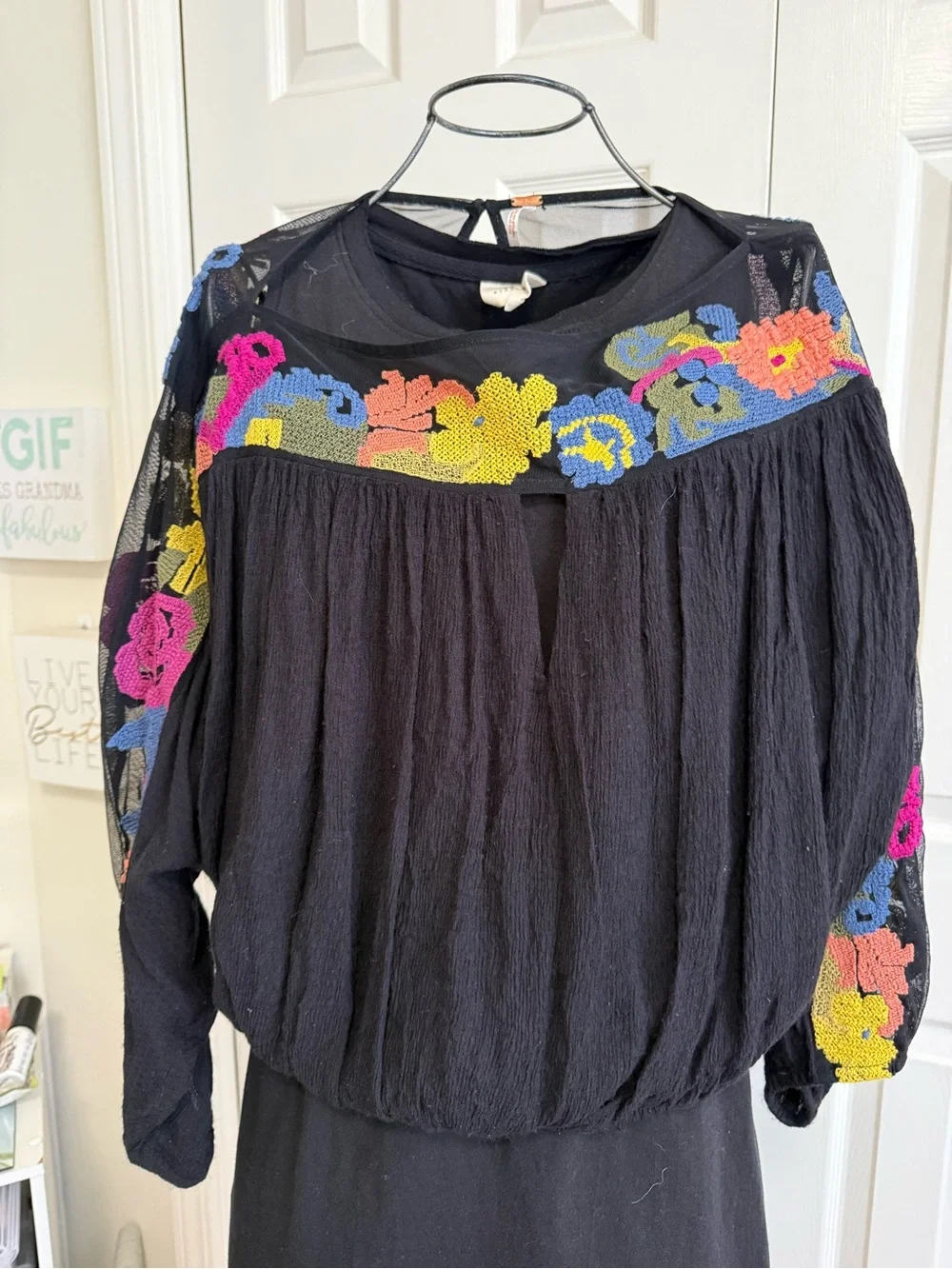 Free People Black Crop Top with Multicolor Floral Embroidery small BoHo blouse - Picture 2 of 10